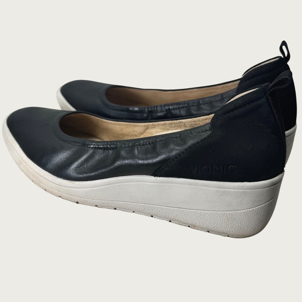 Vionic Jacey Wedge Slip On Women 9 Black Leather Nubuck Orthotic Comfort